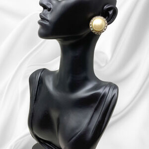 Vintage Coro Oversized Faux Pearl Cabochon & Crystal Clip On Earrings